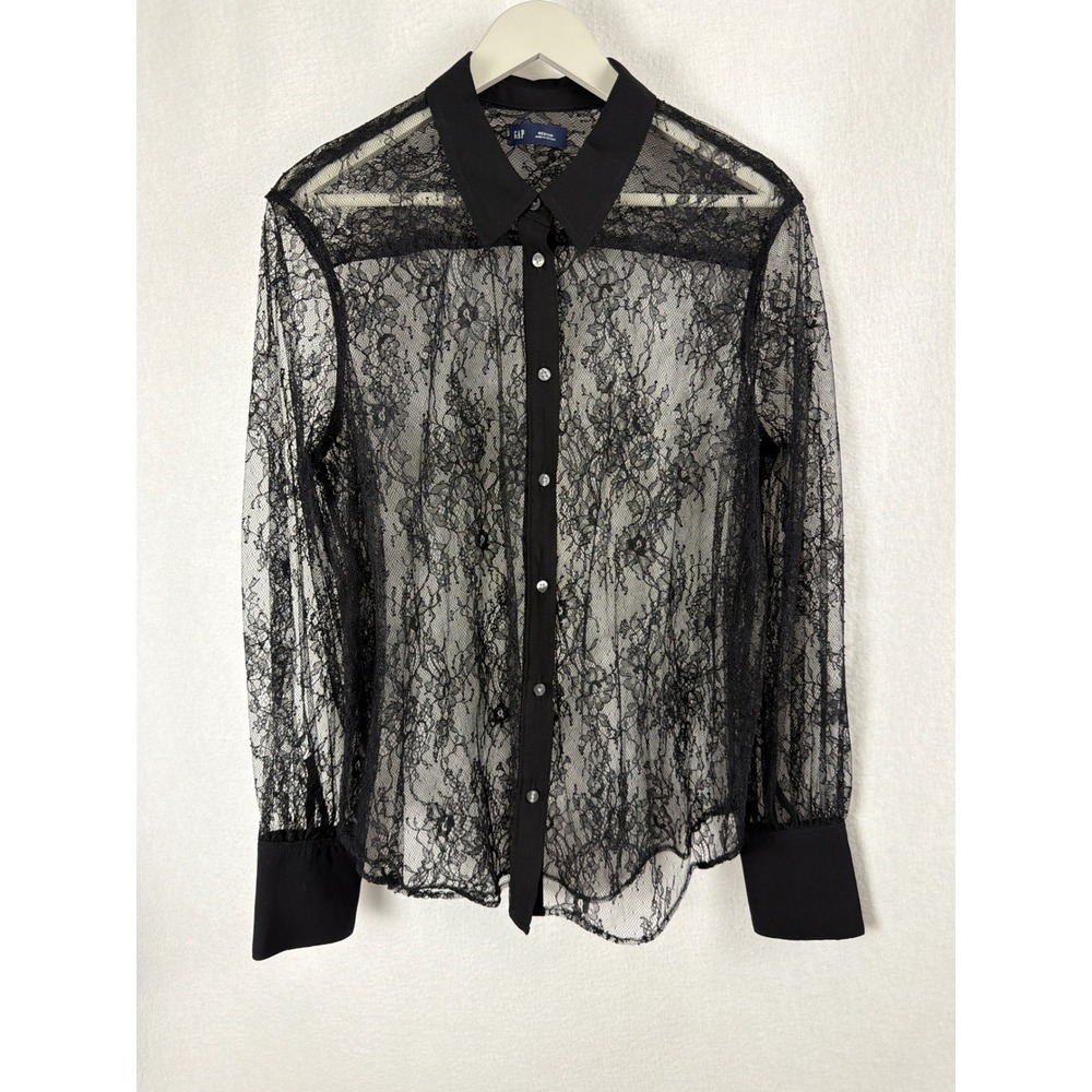 GAP Womens Black Sheer Floral Lace Dark Romantic Whimsigoth Button Up Blouse M